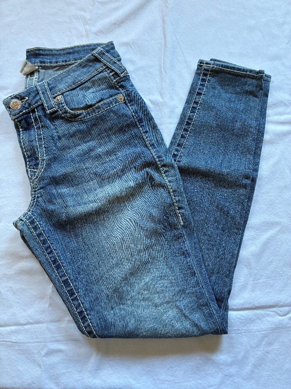 True Religion Size 28 Skinny Medium Wash White Contrast Stitch Denim Jeans